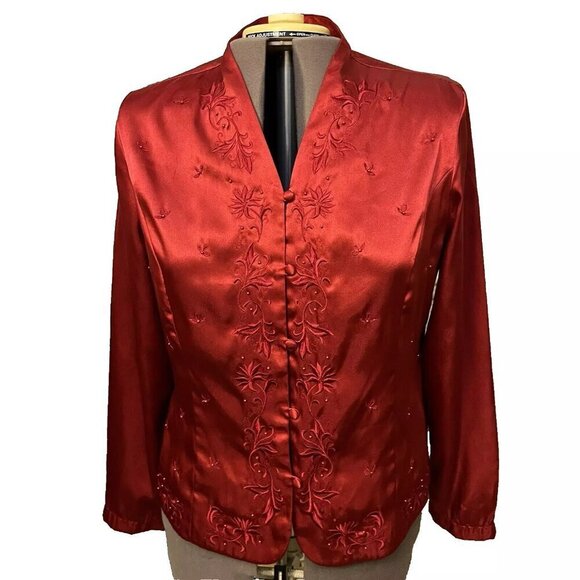 Laura Scott. Sz 16. Embroidered Beaded Button Up Long Sleeve Red Satin Top. DB2 - Picture 1 of 7